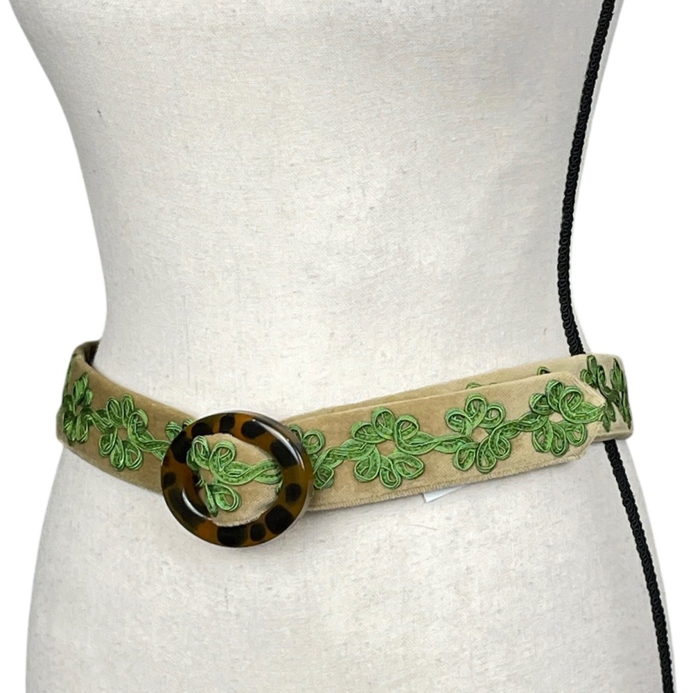 J. McLaughlin Womens Tan Velvet Belt Green Embroidery Tortoise Buckle S Preppy - Picture 2 of 9